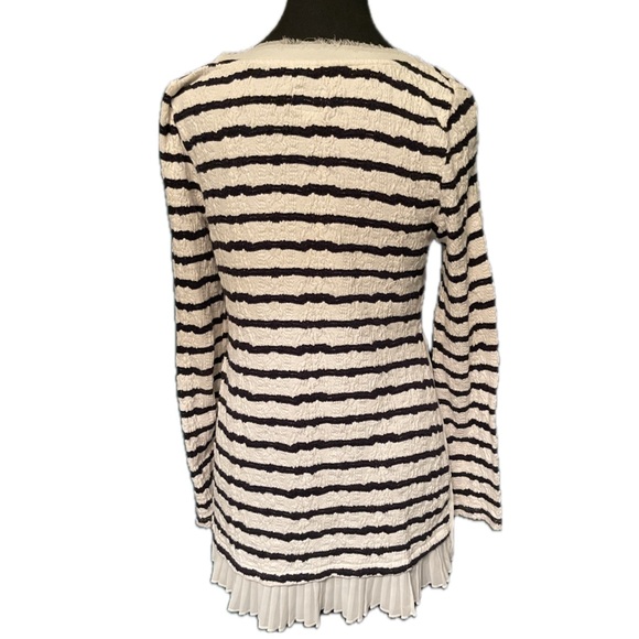 Postmark Anthropologie Walkwrite Navy White Stripe Textured Ruffle Sweater - Picture 2 of 4